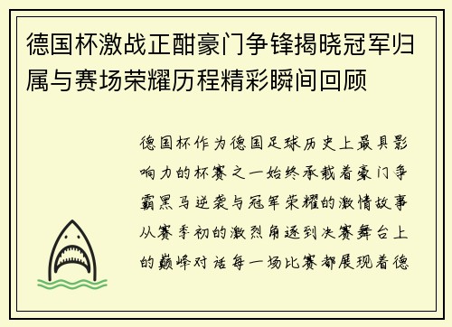 德国杯激战正酣豪门争锋揭晓冠军归属与赛场荣耀历程精彩瞬间回顾